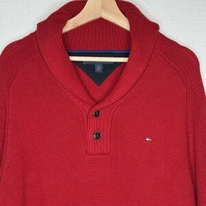 Tommy Hilfiger Red Shawl Collar Pullover Sweater Mens‎ Large 100% Cotton Preppy